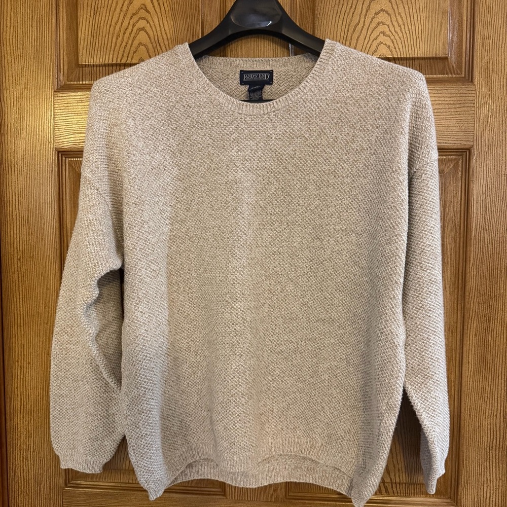 Lands End Mens L 100% Cotton Oatmeal Beige Textured Crewneck Sweater Neutral